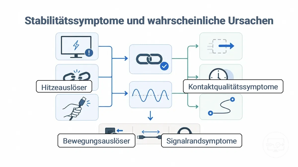 Grafik, die USB-C-zu-HDMI-Stabilitätssymptome wahrscheinlichen Ursachenklassen und sicheren ersten Überprüfungen zuordnet