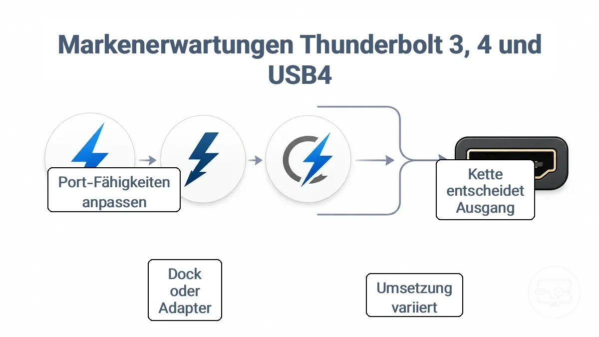 Vergleich der Markenerwartungen von Thunderbolt 3, Thunderbolt 4 und USB4 für die HDMI-Ausgabe, mit Betonung auf die Prüfung der Konvertierungskette.