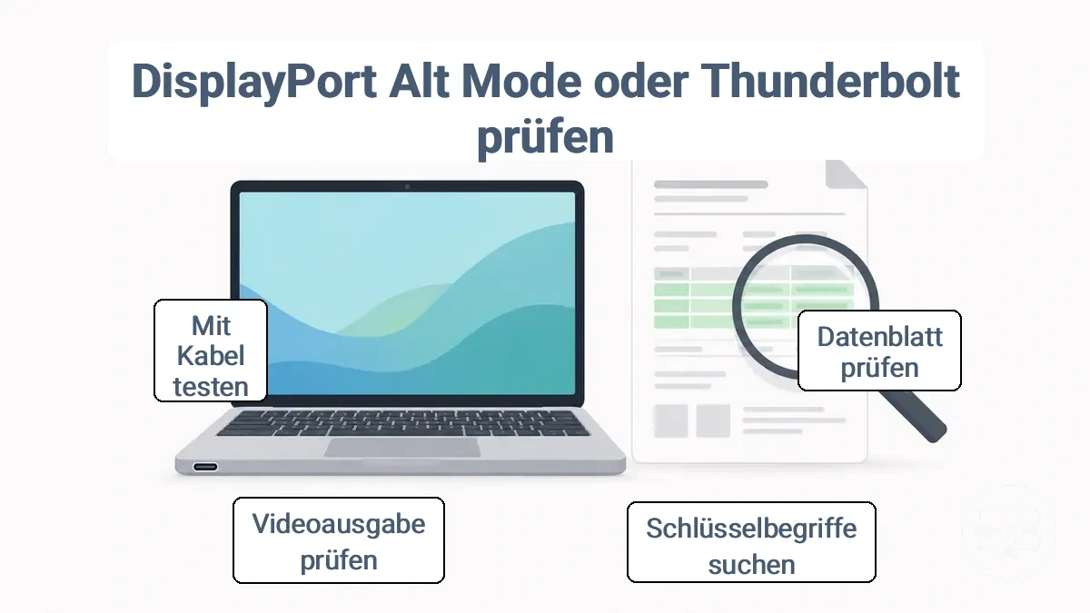 Beispiel eines kommentierten Datenblatts, das die Unterstützung der Videoausgabe von DisplayPort Alt Mode oder Thunderbolt für die USB-C-zu-HDMI-Kompatibilität hervorhebt.