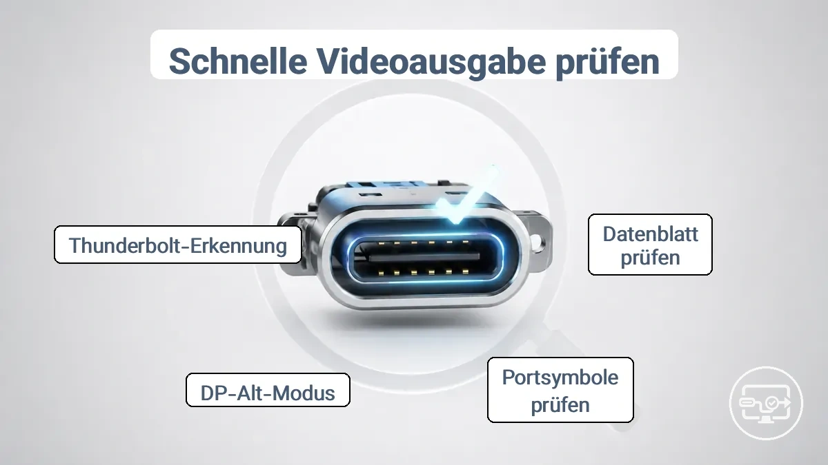 Beispielhafte Darstellung von USB-C-Anschlussmarkierungen und einer Spezifikationszeile zur Bestätigung der Videoausgabeunterstützung.