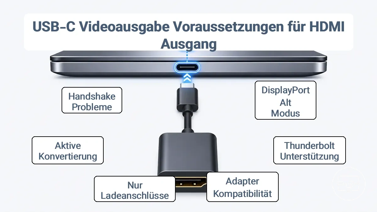 Annotiertes Beispiel mit häufigen Anzeichen für die USB-C-Videoausgabeunterstützung für HDMI über einen Adapter.