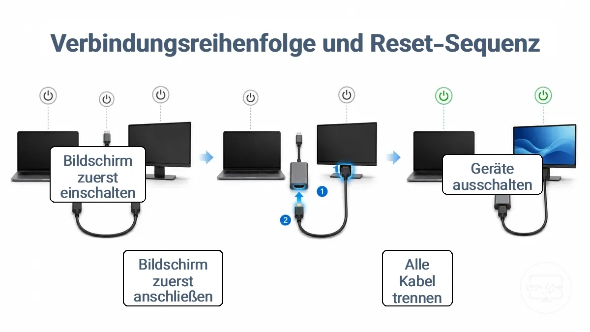 Schritt-für-Schritt-Diagramm der Wiederanschlussreihenfolge für USB-C-Adapter, HDMI-Kabel und Display zur Wiederherstellung eines festgefahrenen Handshakes.