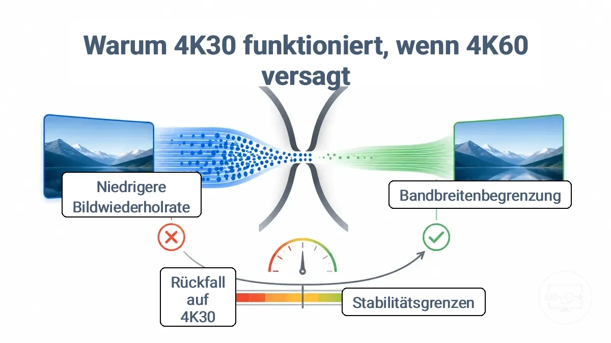 Vergleichsgrafik, die zeigt, warum einige USB-C-zu-HDMI-Setups von 4K60 auf 4K30 zurückfallen