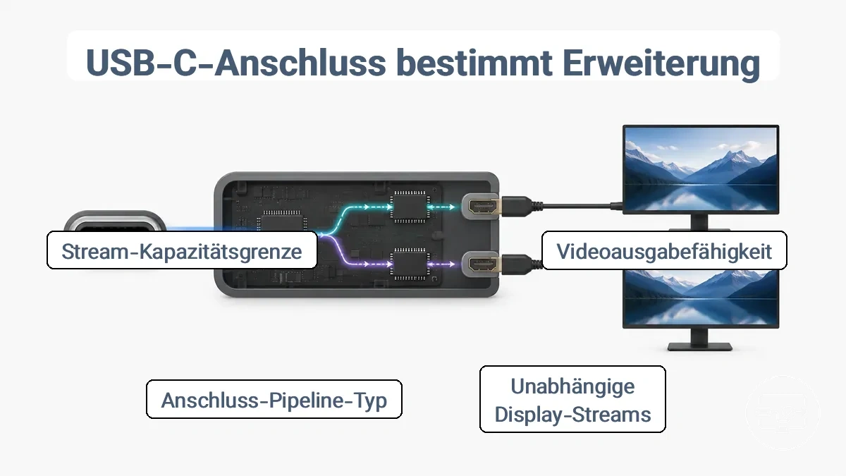 Diagramm, das zeigt, wie die Videofähigkeit des USB-C-Anschlusses und unabhängige Display-Streams die Erweiterung auf zwei HDMI-Monitore beeinflussen.