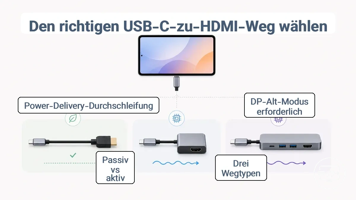 Vergleich der Pfade von USB-C-zu-HDMI-Adapter, -Kabel und -Hub mit Entscheidungskriterien für passive vs. aktive Konvertierung