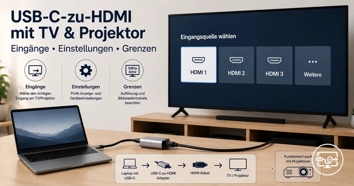 USB-C-zu-HDMI mit TV oder Projektor: Eingangswahl und Anschlussaufbau