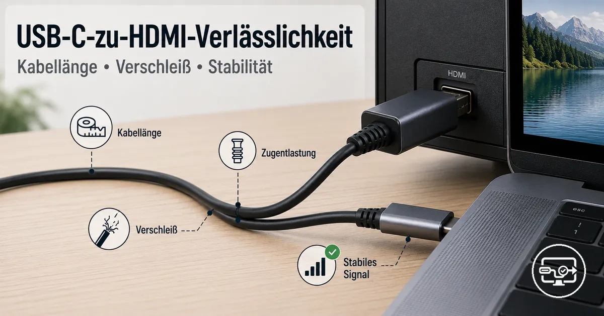 USB-C-zu-HDMI-Verlässlichkeit mit Zugentlastung am Kabel und Hinweisen auf eine stabile Verbindung