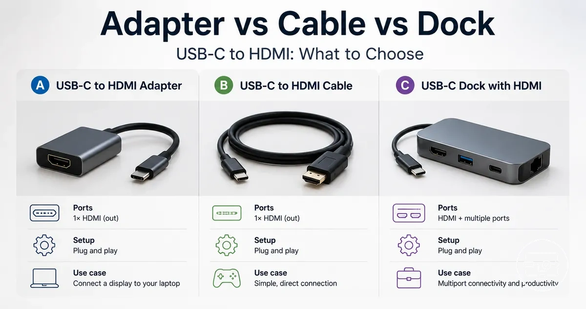 USB-C to HDMI compatibility comparison of adapter, cable, and dock form factors