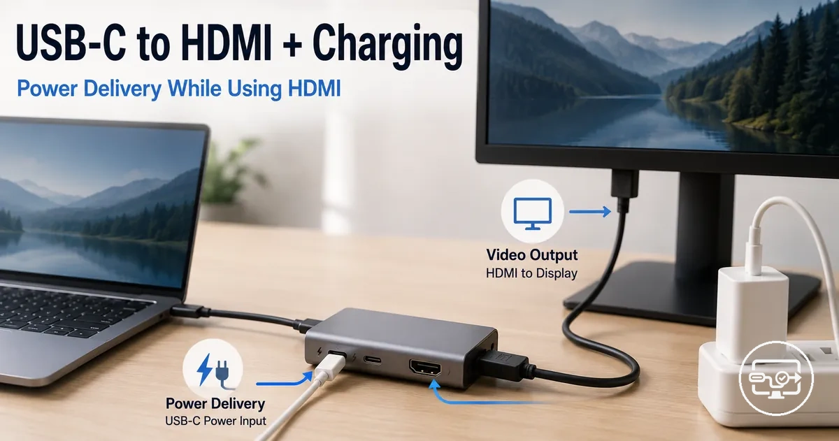 USB-C to HDMI compatibility with charging passthrough showing power delivery while connected to HDMI