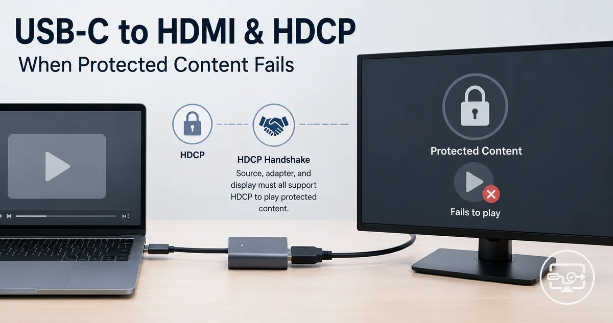 USB-C to HDMI compatibility illustration for HDCP protected content playback and failure cases