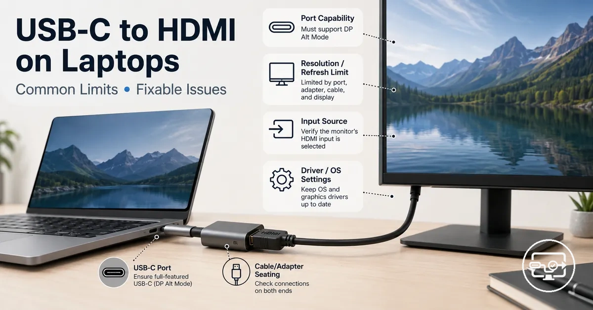 Laptop USB-C to HDMI compatibility setup showing an external monitor connection