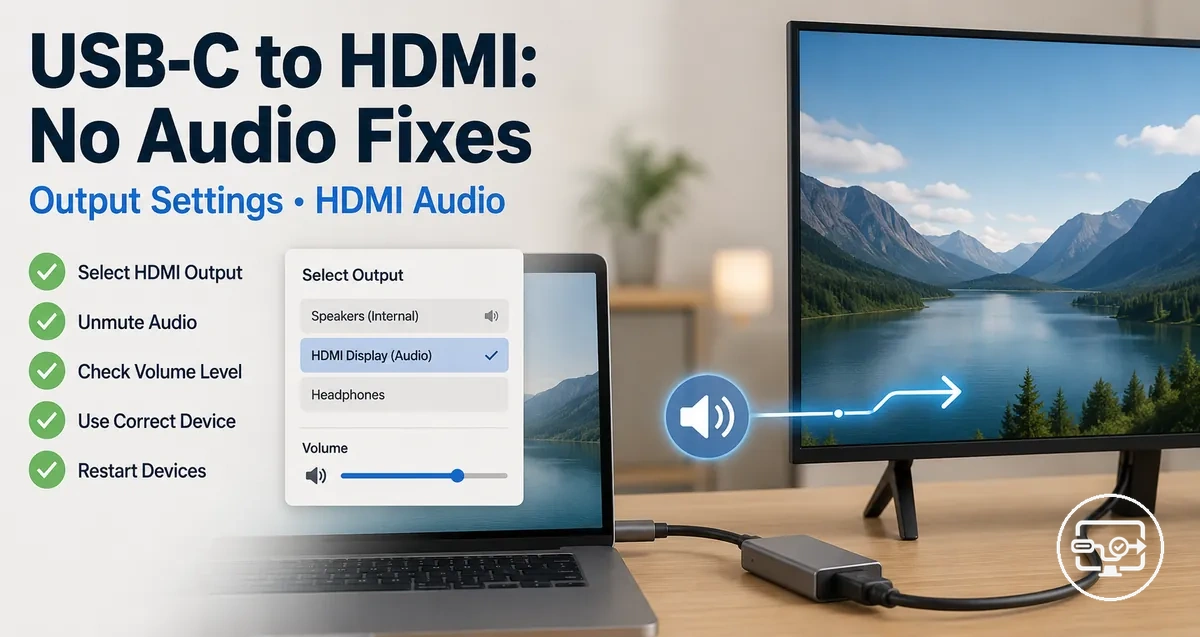 USB-C to HDMI compatibility no audio fixes showing output selection and HDMI audio routing