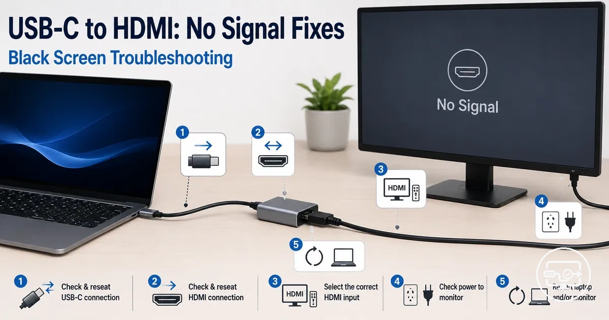 USB-C to HDMI compatibility no signal fix steps with connection checks on a display