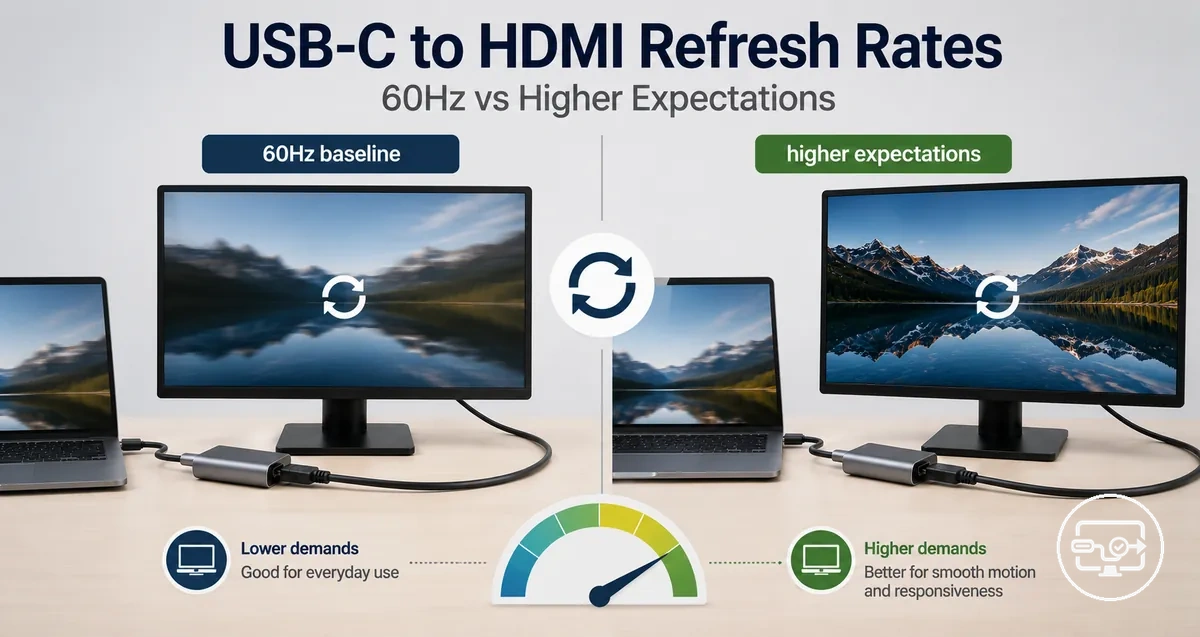 USB-C to HDMI compatibility refresh rate comparison showing 60Hz baseline and higher expectations