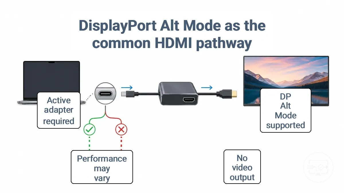 Diagram showing USB-C DP Alt Mode path through an adapter to HDMI display and what changes when Alt Mode is unsupported.