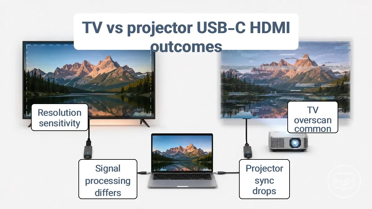Diagram comparing TV and projector handling of USB-C to HDMI signals showing overscan on TV and sync drops on projector