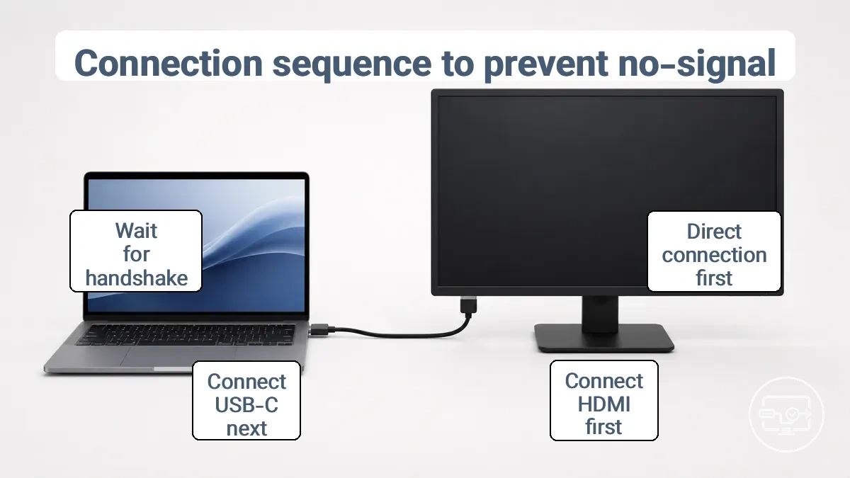 USB-C to HDMI connection sequence showing the order that reduces no signal and not detected outcomes.