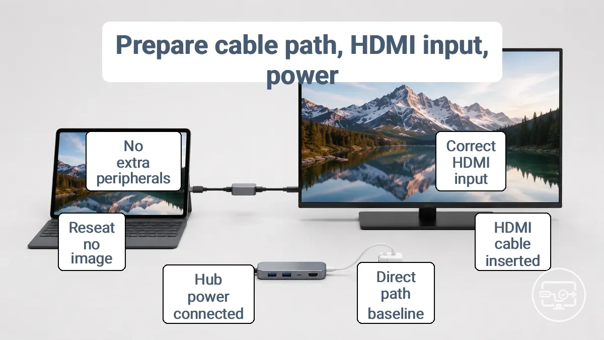 Prepared USB-C to HDMI setup showing correct HDMI input, simplified cable path, and optional hub power.