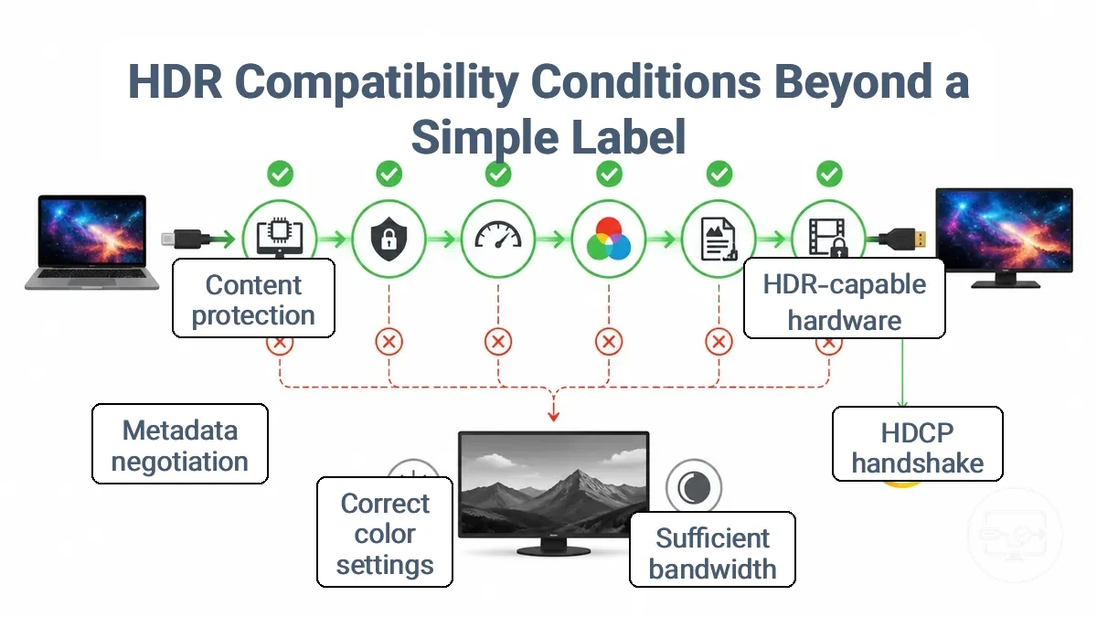 Diagram showing HDR checkpoints over a USB-C to HDMI connection and where HDR can fall back to SDR.