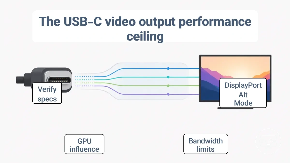 Annotated diagram showing USB-C video output capability and lane allocation affecting 4K and HDR modes