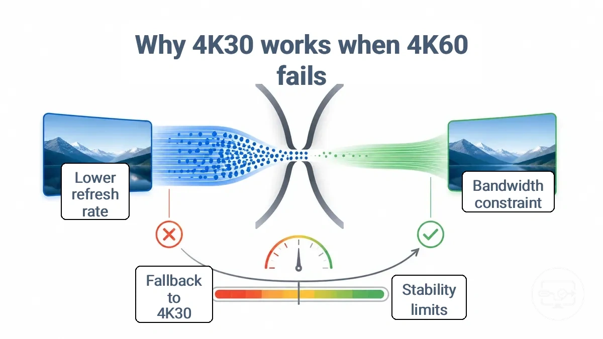 Comparison graphic showing why some USB-C to HDMI setups fall back from 4K60 to 4K30