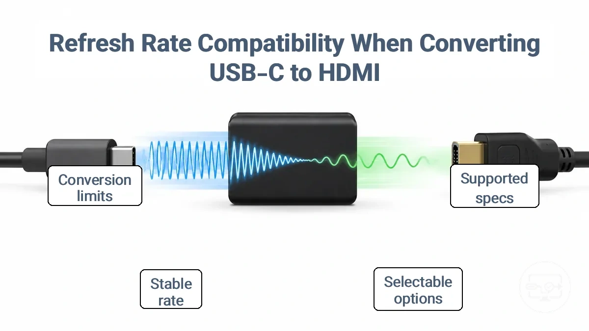 Diagram showing how refresh rate is affected when USB-C video signal passes through an HDMI adapter