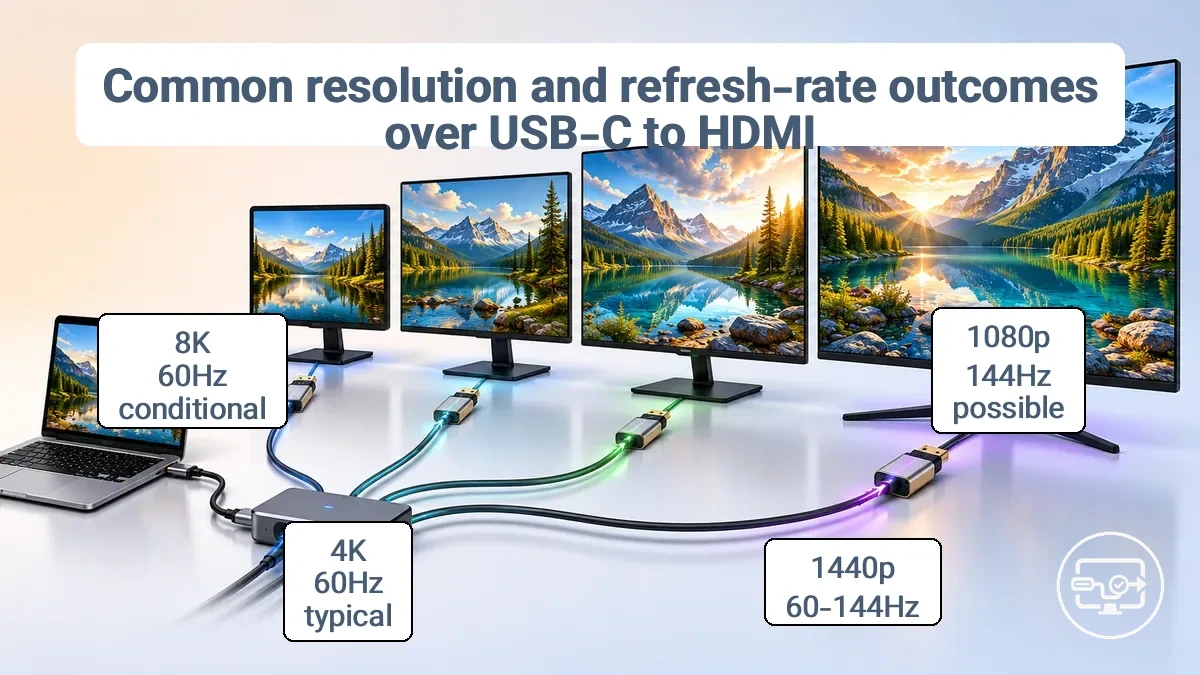 Comparison of resolution and refresh rate outcomes over USB-C to HDMI by cable and adapter capabilities.