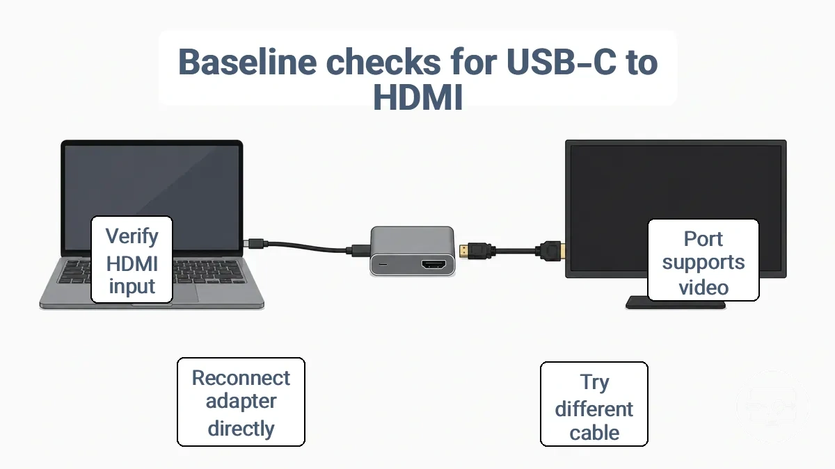 Baseline check flow diagram: device USB-C port to adapter or hub to HDMI cable to display input with labeled checkpoints.