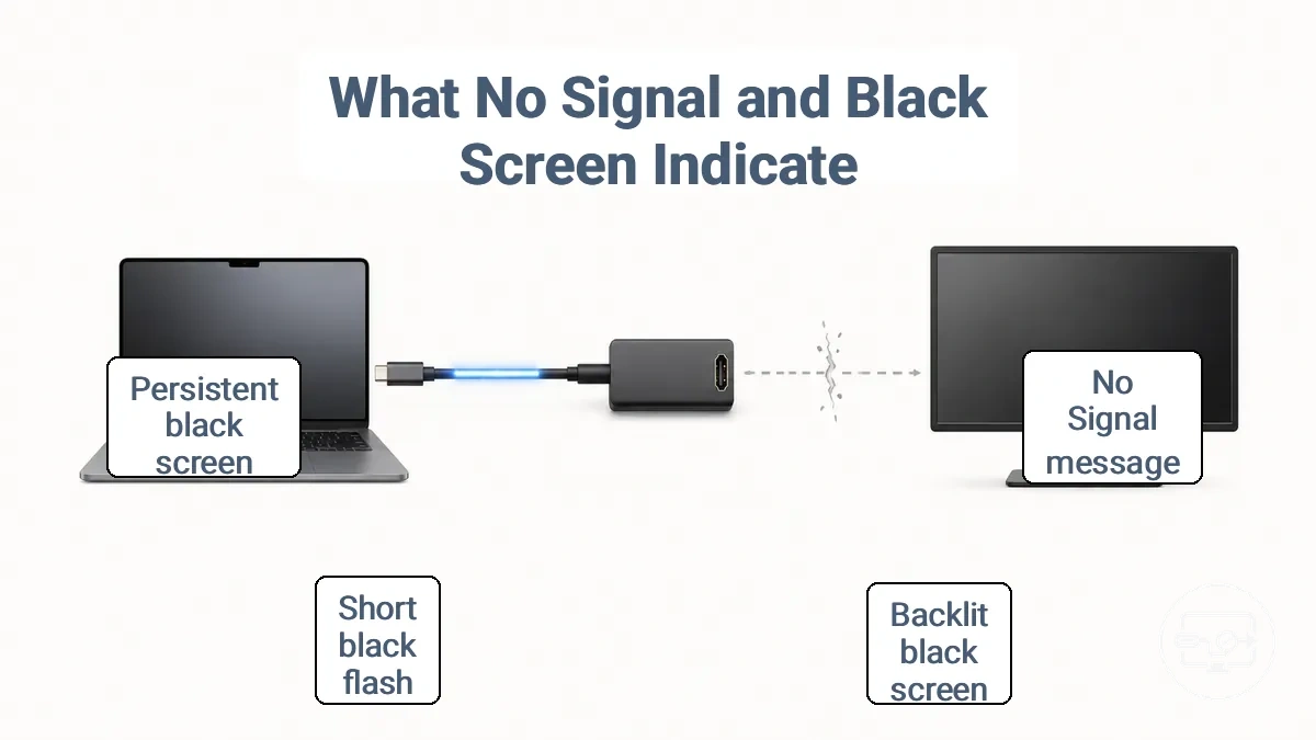 Diagram labeling USB-C to HDMI signal path layers to explain what no signal and black screen typically indicate.