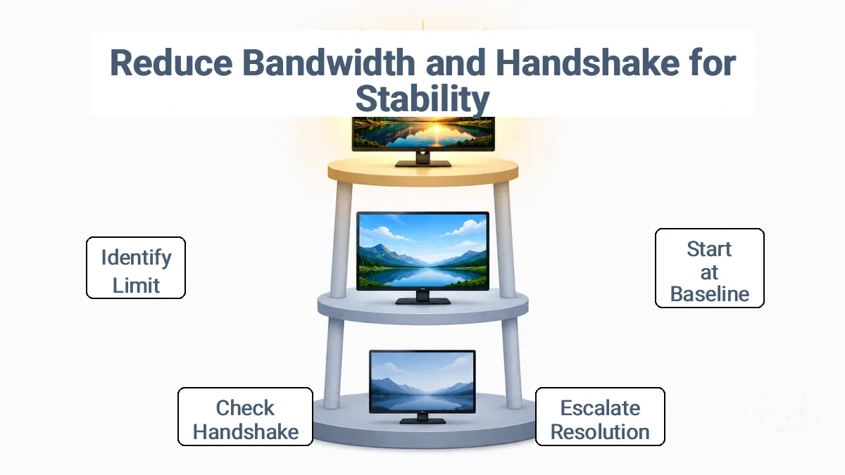 Settings ladder diagram showing baseline 1080p 60 Hz and escalations to 4K 60 Hz and 4K with HDR