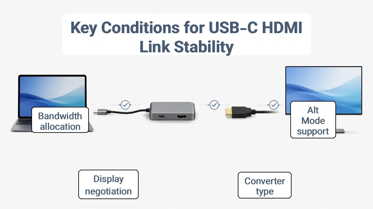 Annotated diagram of the USB-C to HDMI chain: source device with Alt Mode, converter adapter, HDMI cable, and display, with compatibility checkpoints at each stage.