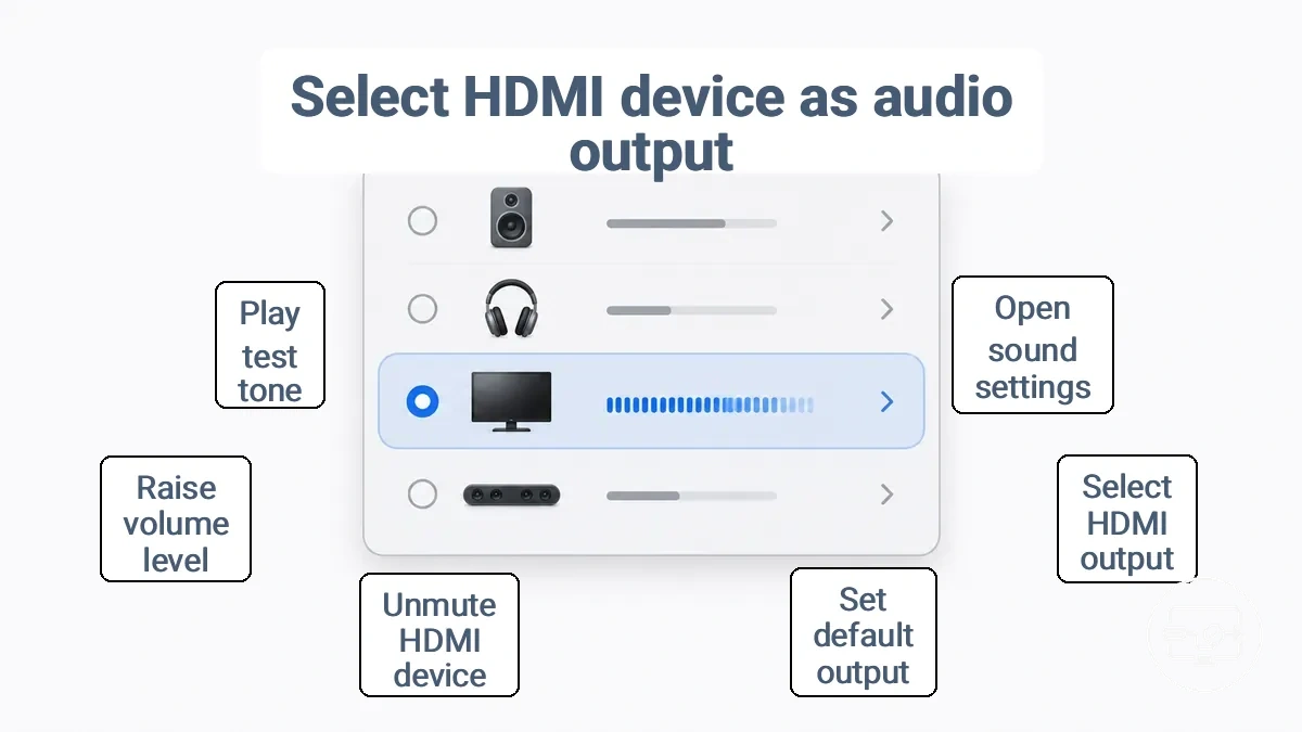 Audio output settings panel with HDMI device selected as default