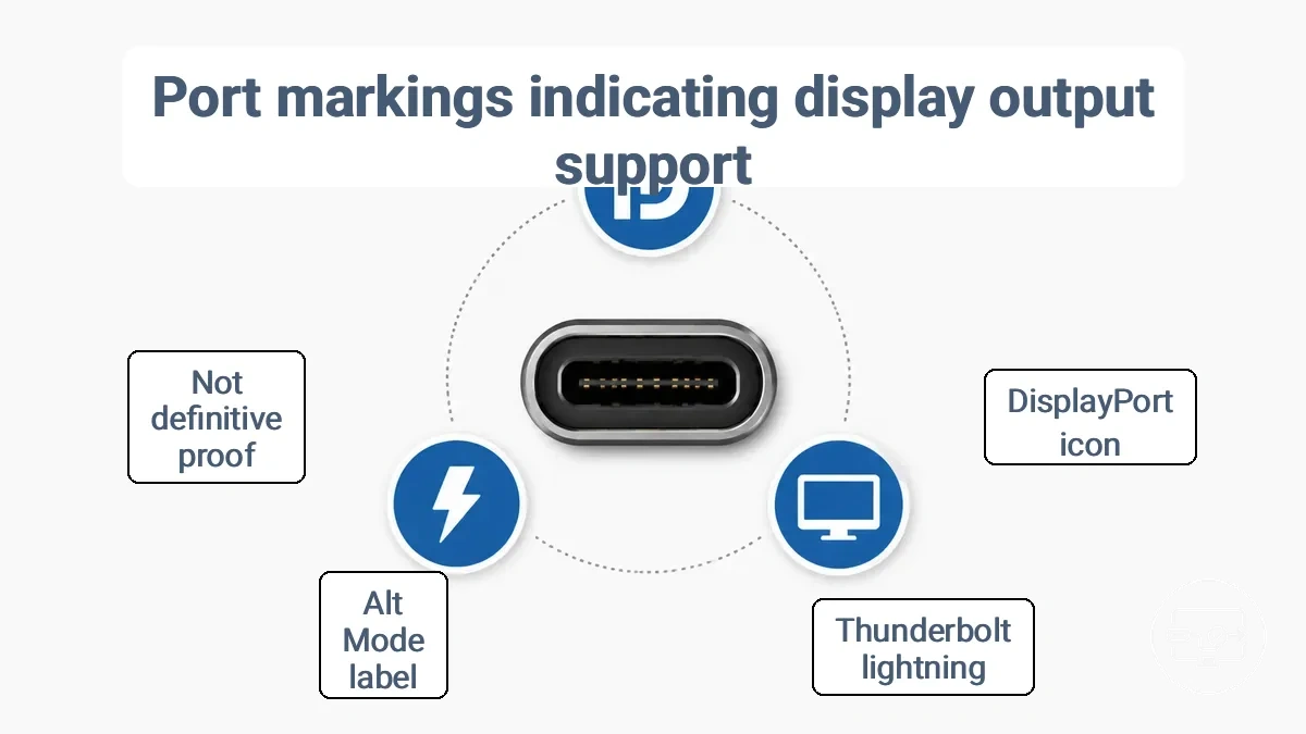 Common USB-C port symbols including DisplayPort, Thunderbolt, and monitor icons labeled for identification