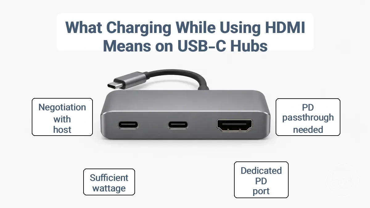 Diagram showing HDMI port, USB‑C PD‑in port, and host USB‑C port on a typical hub
