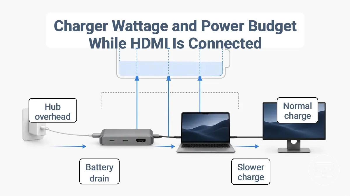 Diagram showing power budget calculation subtracts hub overhead and monitor load from charger wattage