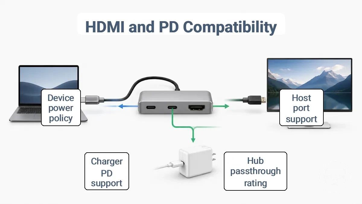 Compatibility requirements flow diagram for HDMI output and PD charging passthrough