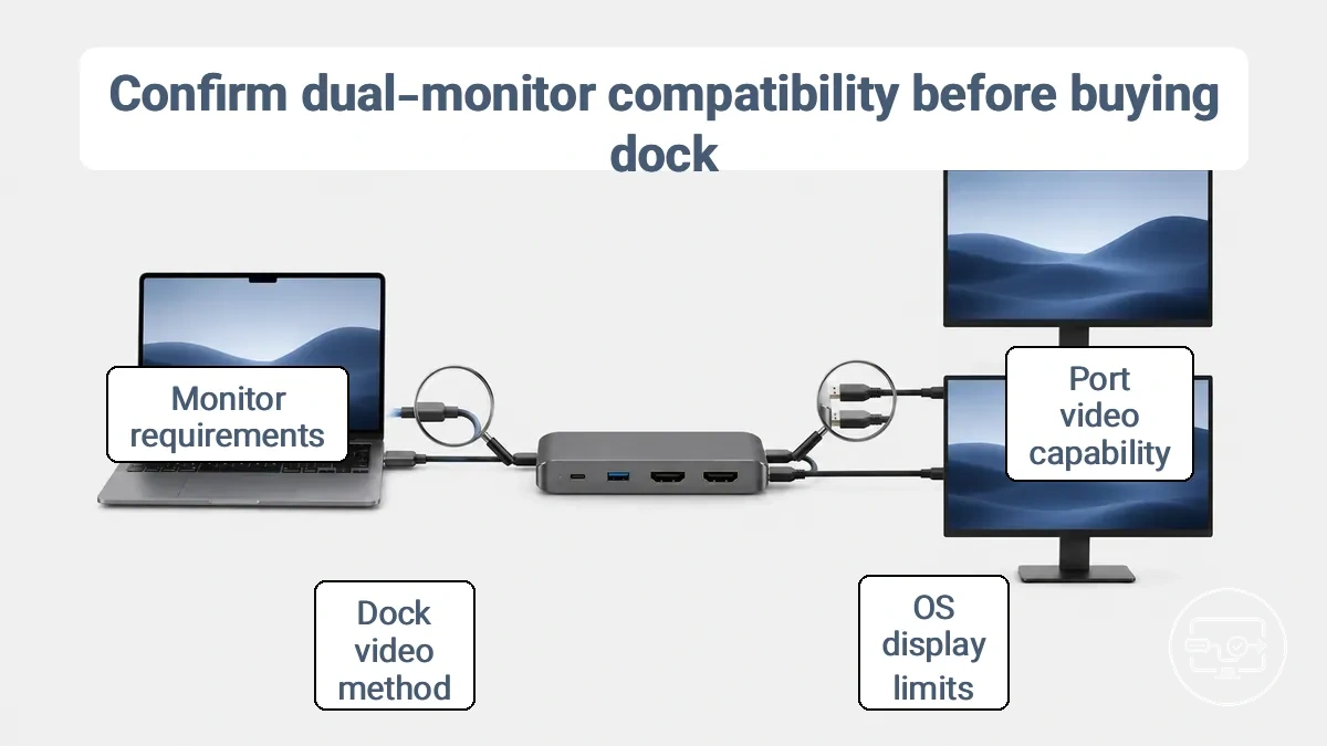 Checking dual-monitor compatibility: verifying ports, dock method, and monitor requirements