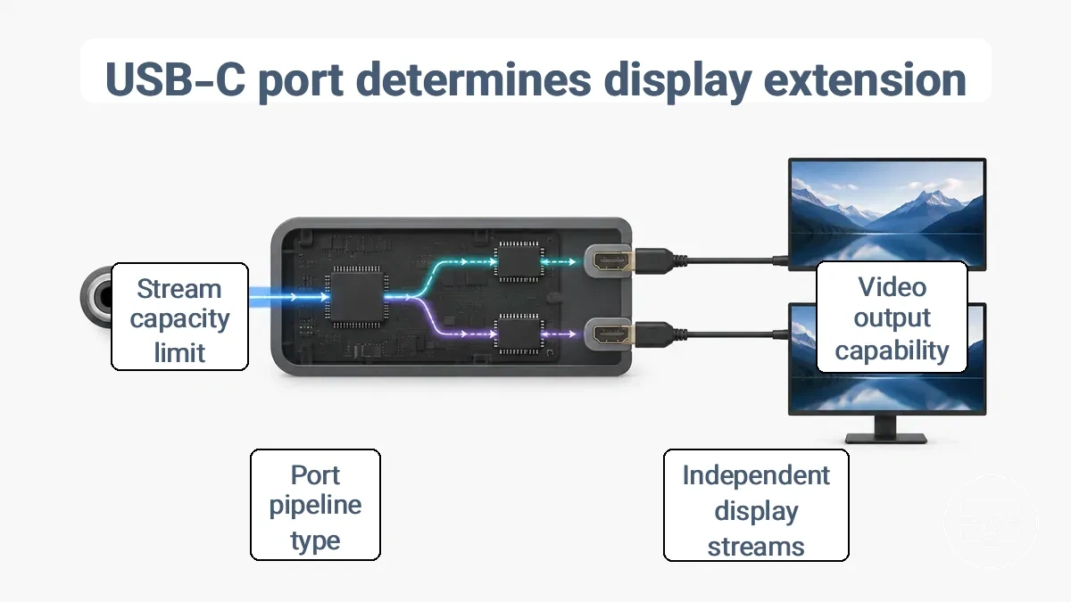 Diagram showing how USB-C port video capability and independent display streams affect extending to two HDMI monitors.