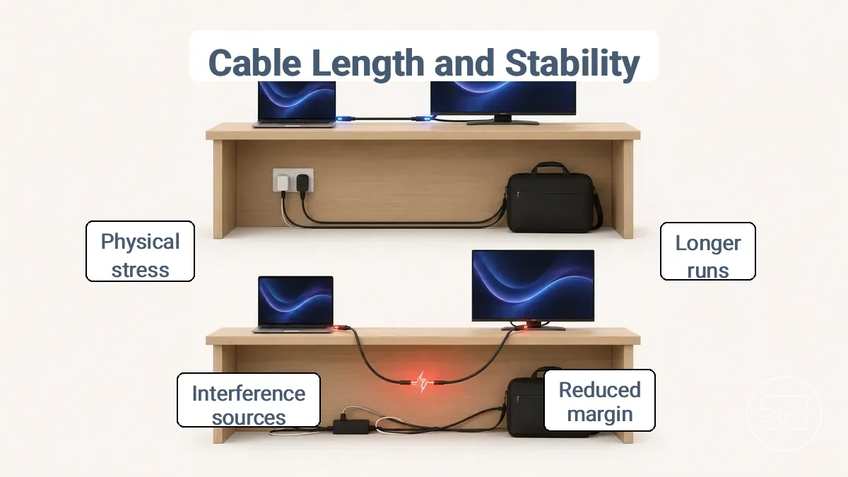 Illustration comparing short and long USB-C to HDMI cable runs and how routing and interference can affect stability.