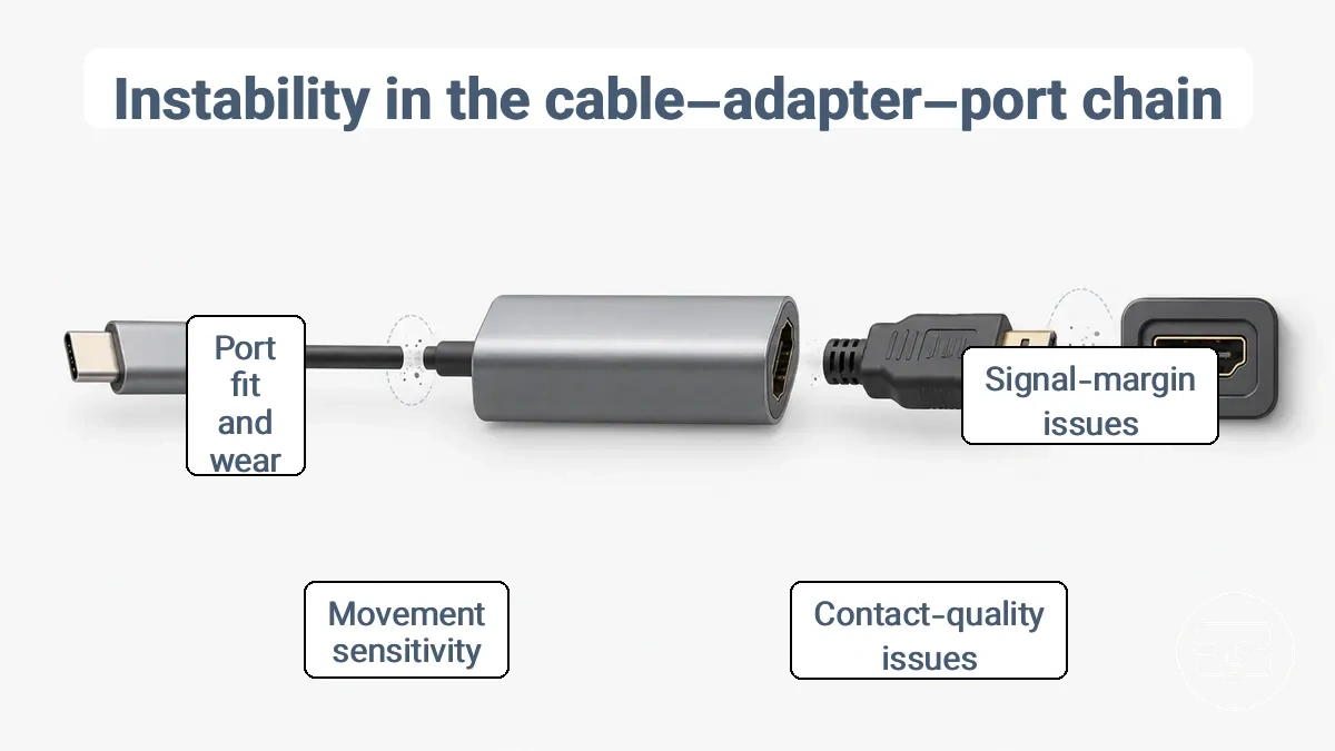 Diagram of USB-C to HDMI cable–adapter–port chain highlighting margin and contact-related instability points