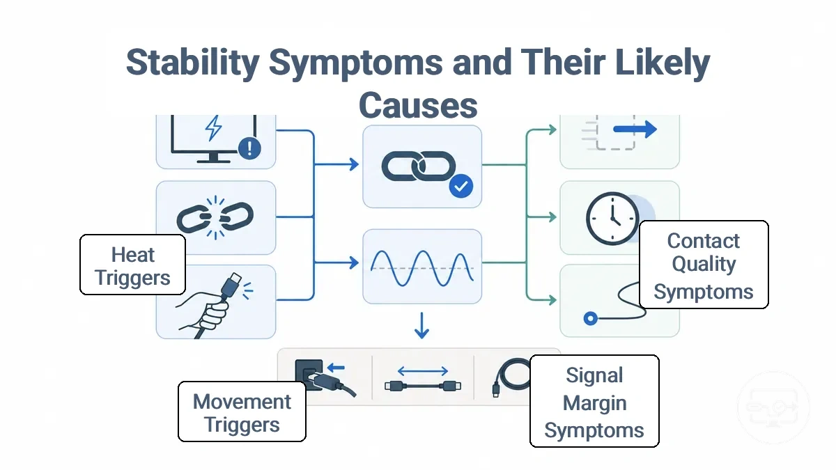 Graphic mapping USB-C to HDMI stability symptoms to likely cause classes and safe first checks
