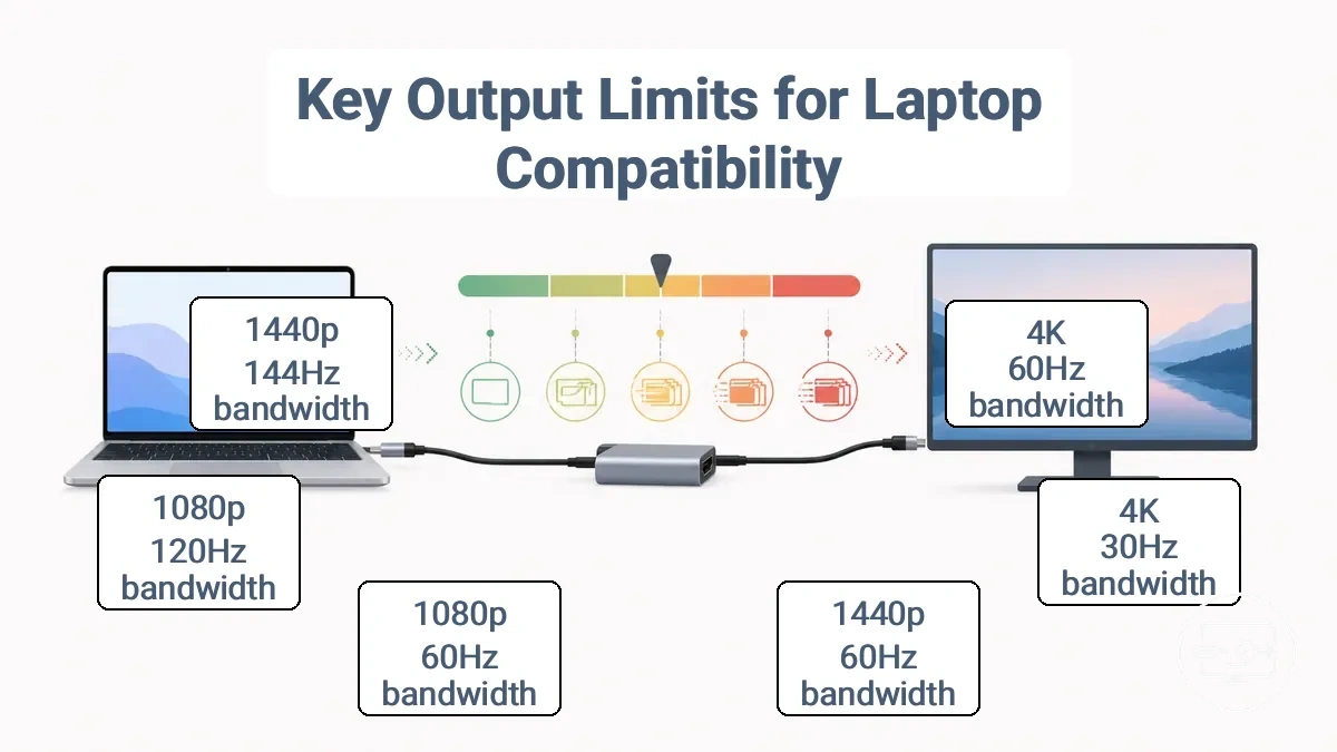 Diagram showing common target output modes and their typical bandwidth and port constraints for laptop external displays.