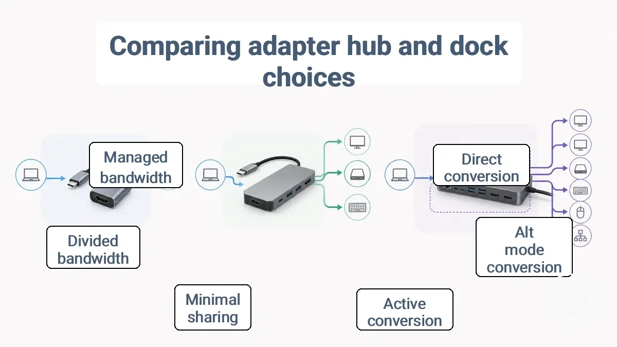 Adapter vs hub vs dock form factors illustrating conversion and bandwidth sharing paths