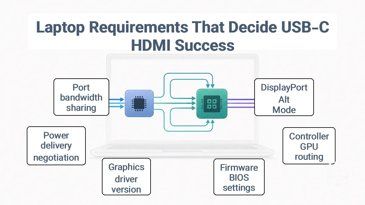 Diagram of laptop-side signal chain from USB-C port through controller, routing, GPU pipeline to HDMI output