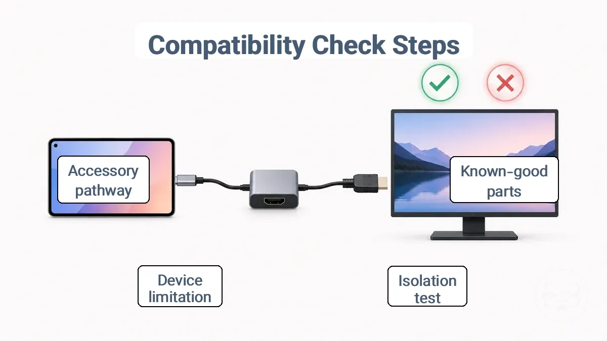 Simple isolation flowchart showing device, HDMI cable, adapter, and display with pass/fail outcome
