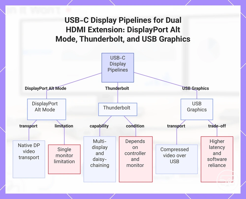 USB-C Display Pipelines for Dual HDMI Extension: DisplayPort Alt Mode, Thunderbolt, and USB Graphics