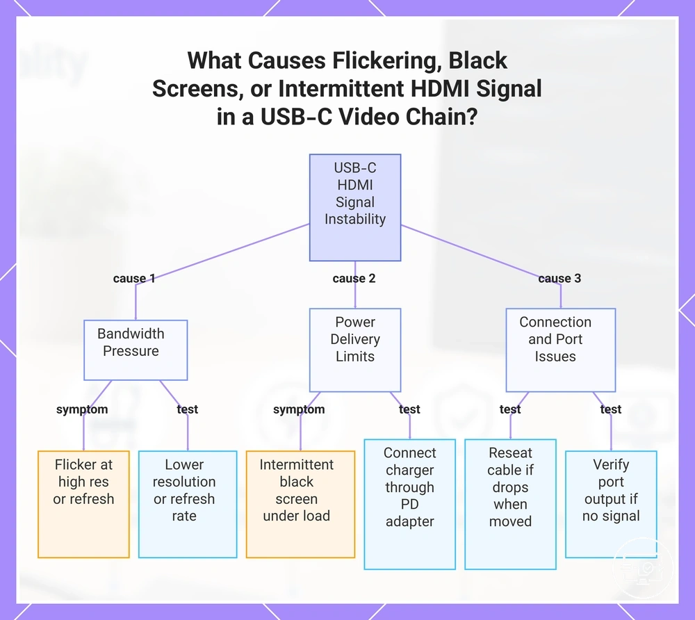 What Causes Flickering, Black Screens, or Intermittent HDMI Signal in a USB-C Video Chain?