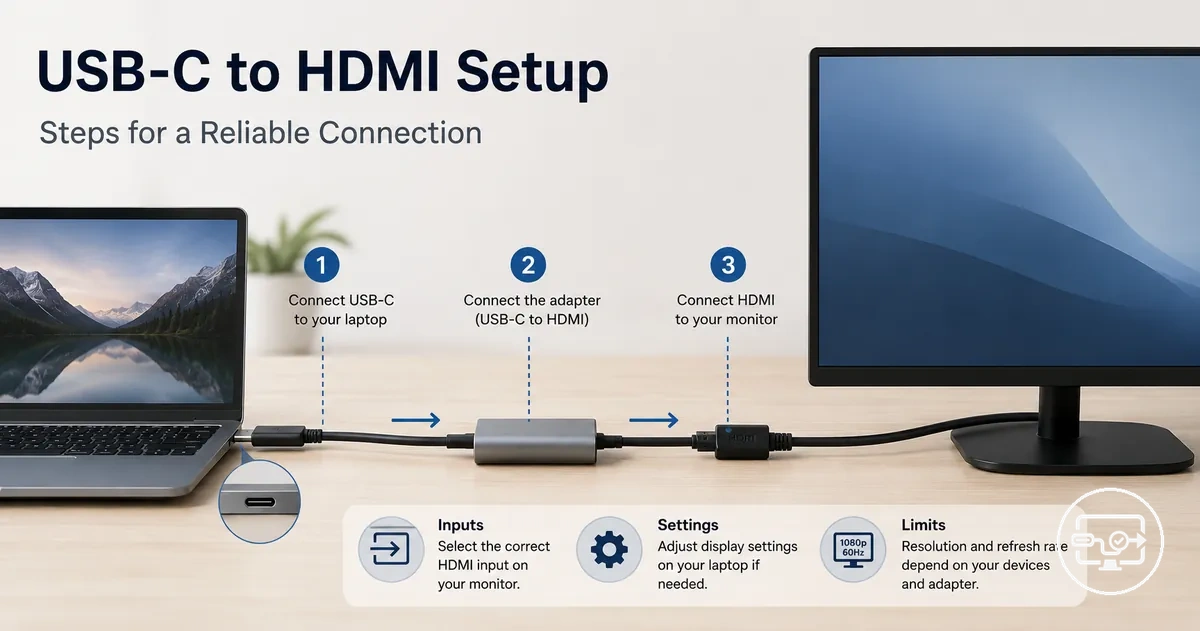 Step-by-step USB-C to HDMI compatibility setup showing correct connection order