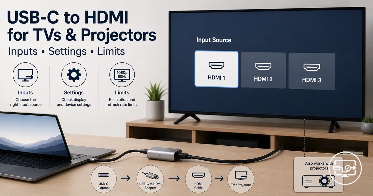 USB-C to HDMI compatibility with a TV or projector showing input selection and connection layout