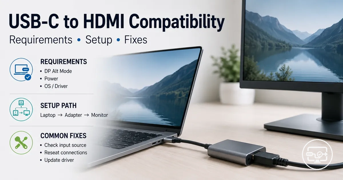 USB-C to HDMI compatibility overview showing requirements, setup paths, and common fixes